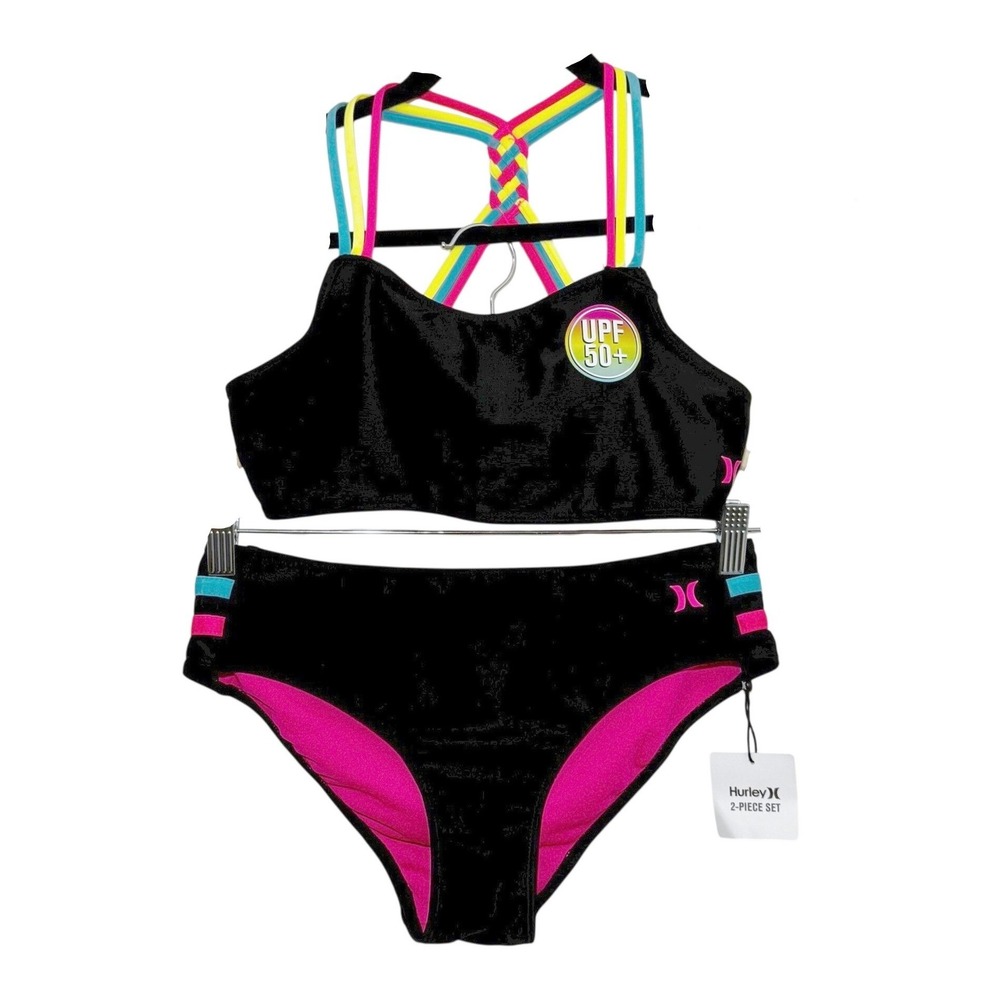 Hurley Bikini Set Black Neon Pink Braided Strap Kids XL 13-15Y New Swim UPF50